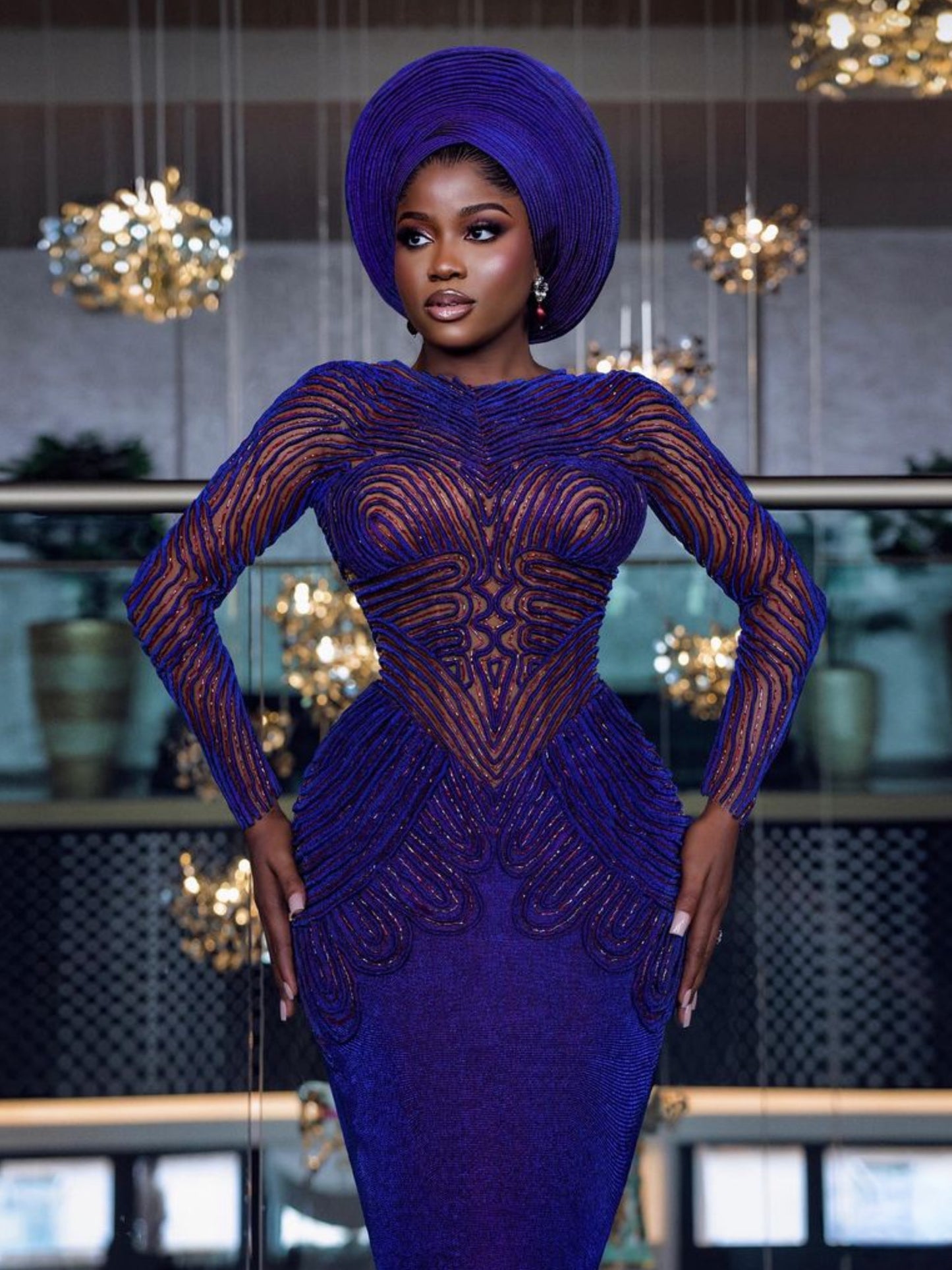 Navy Blue Mermaid Parallel Design Gala Dress