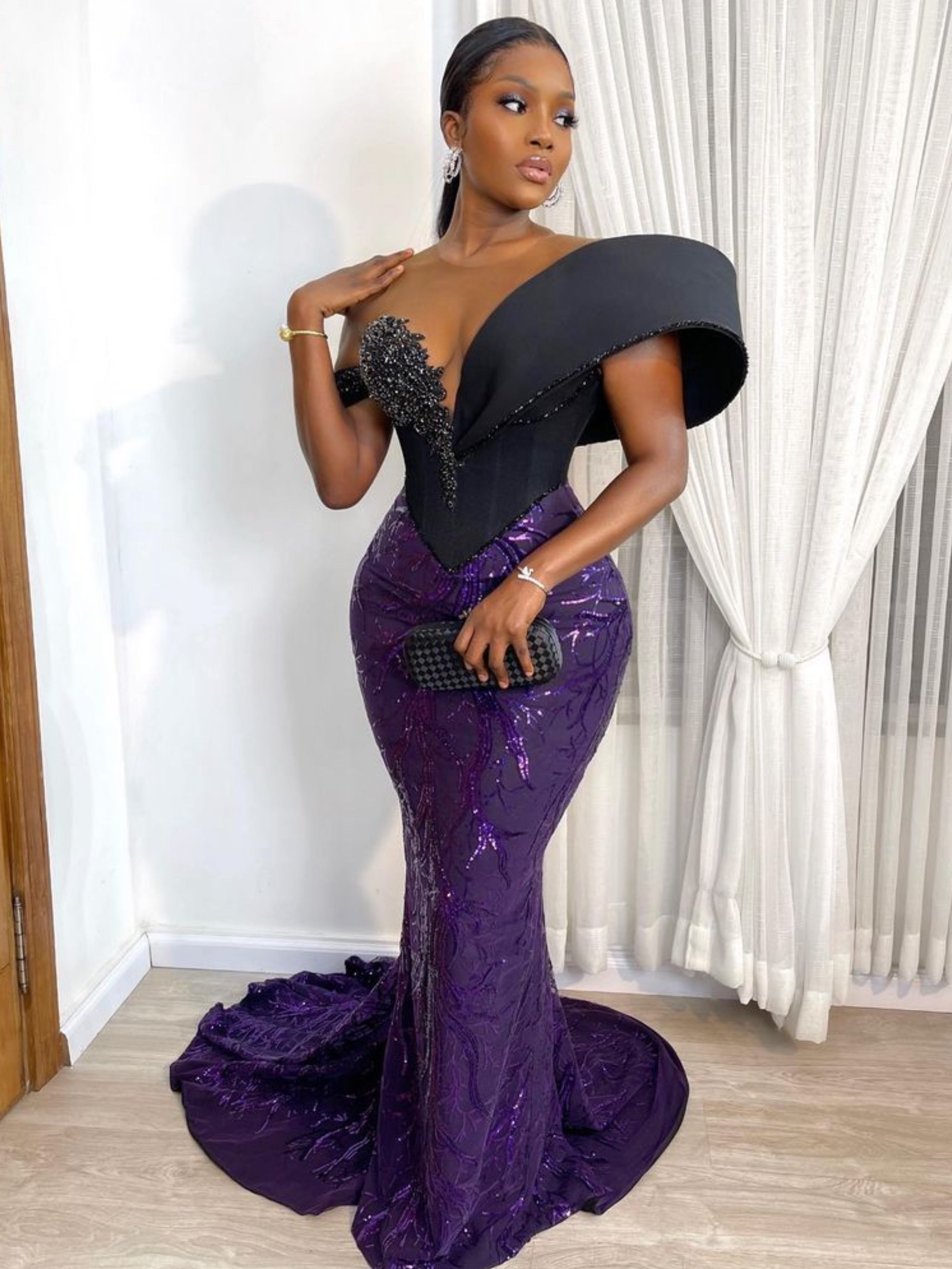 Black and Purple Long Strass Gala Dress