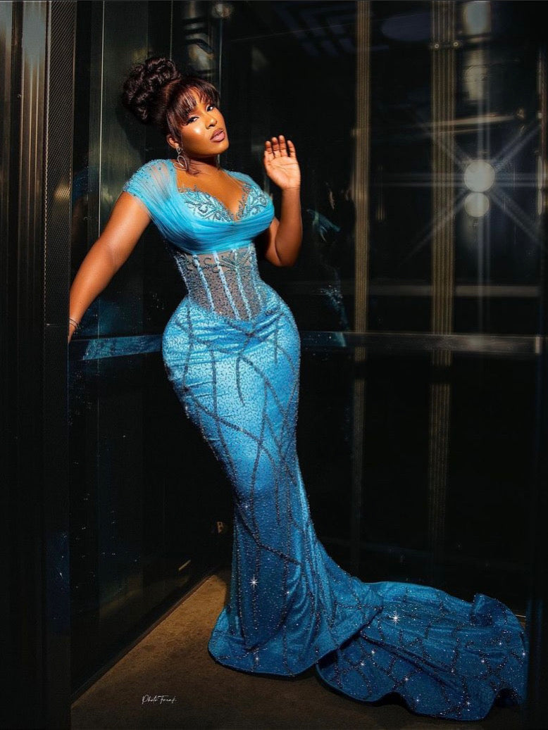 Aqua Blue Corset Strass Gala Dress