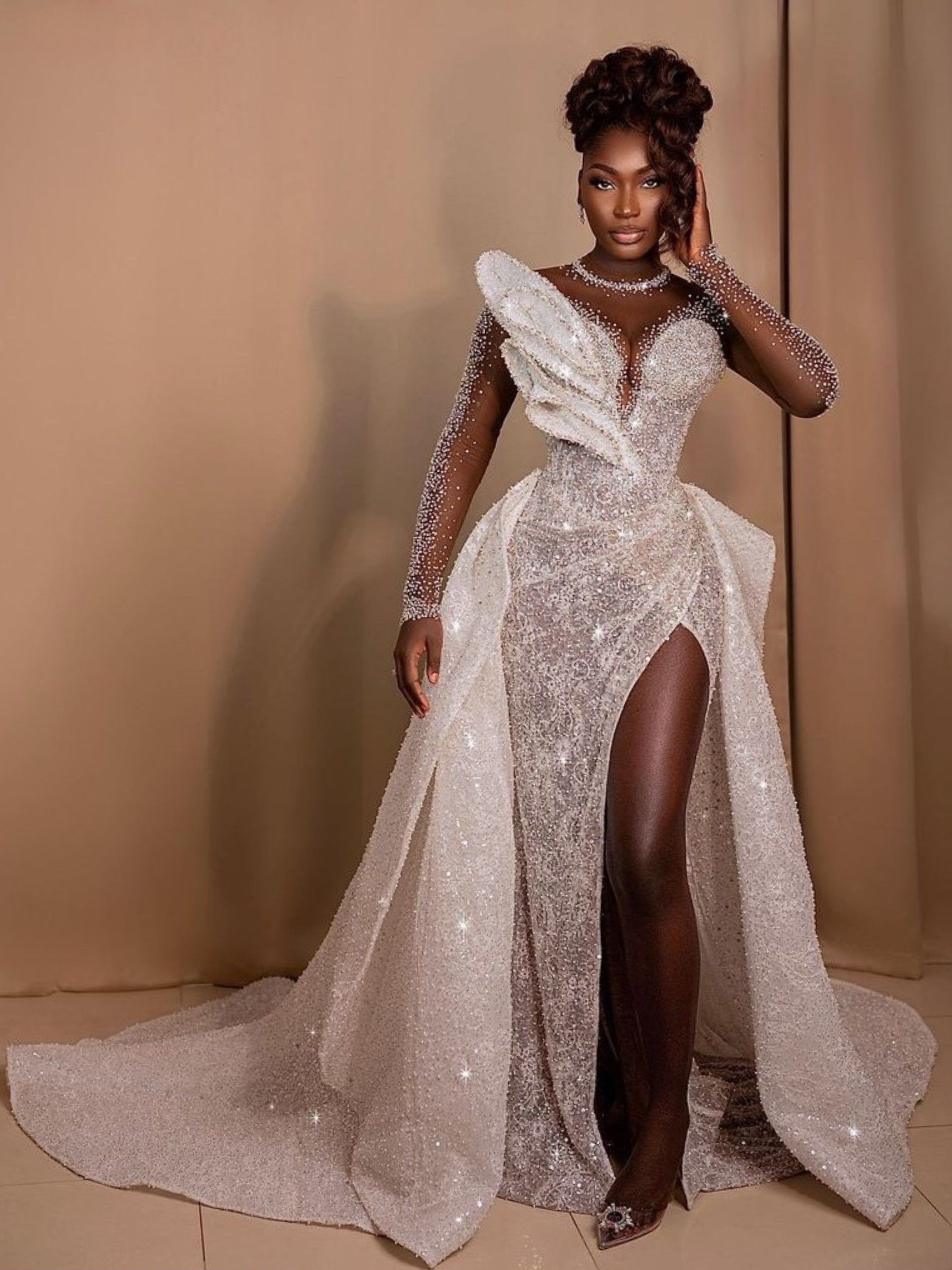 Creamy White Feather Design Strass Gala Dress