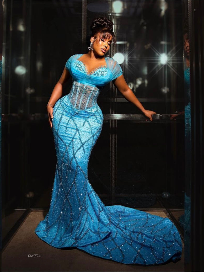 Aqua Blue Corset Strass Gala Dress