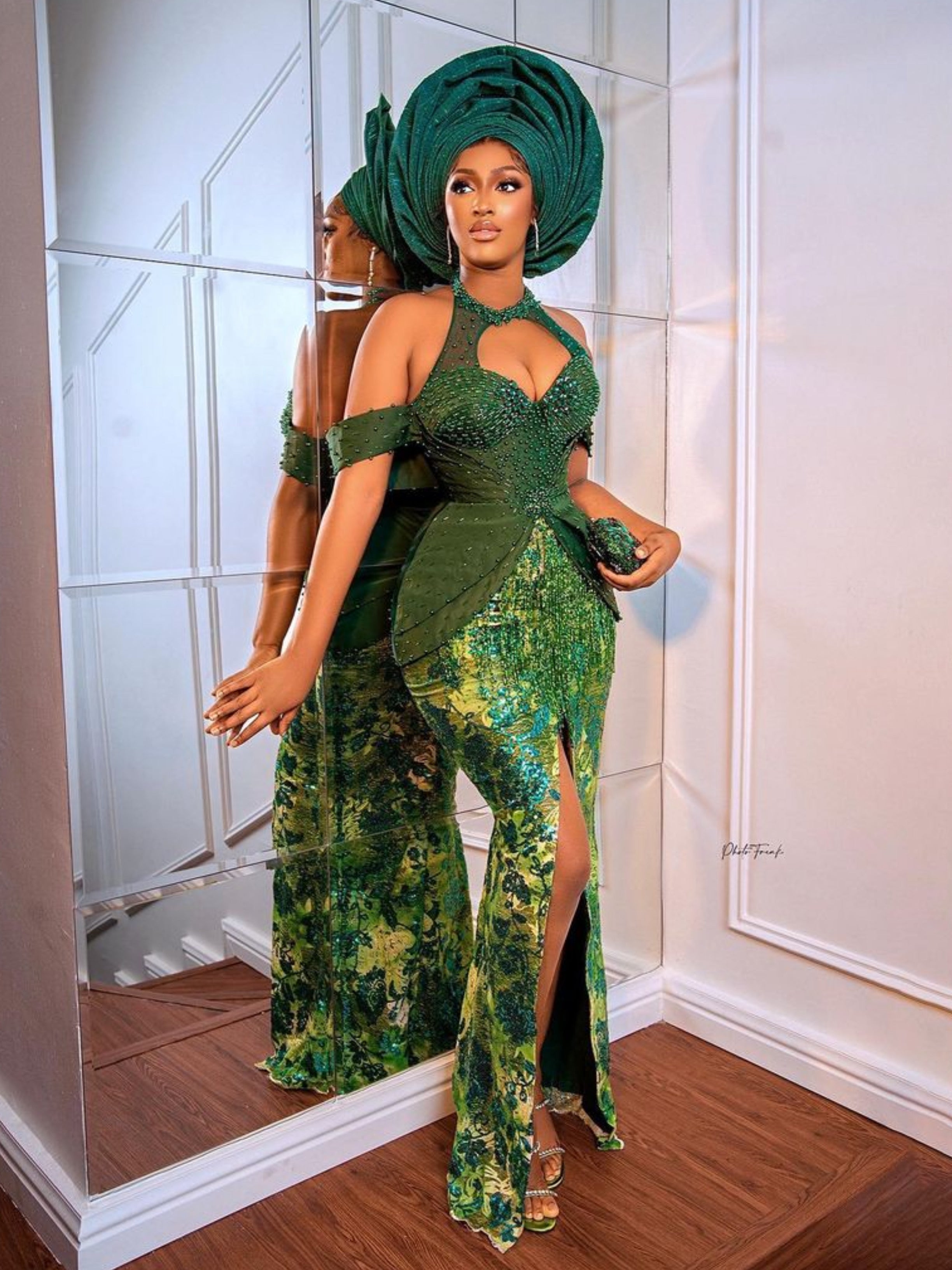 Green Pearl Design Split Gala Dress