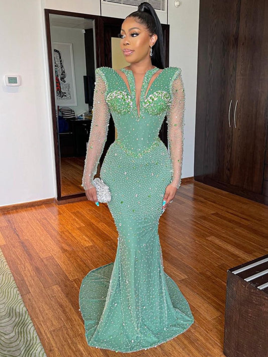 Mint Green Pearl Design Mermaid Gala Dress