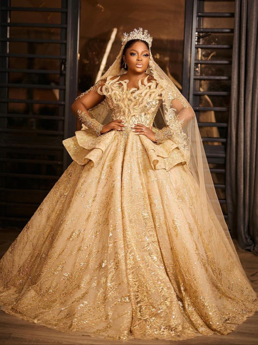Gold Ball Gown Floral Strass Dress