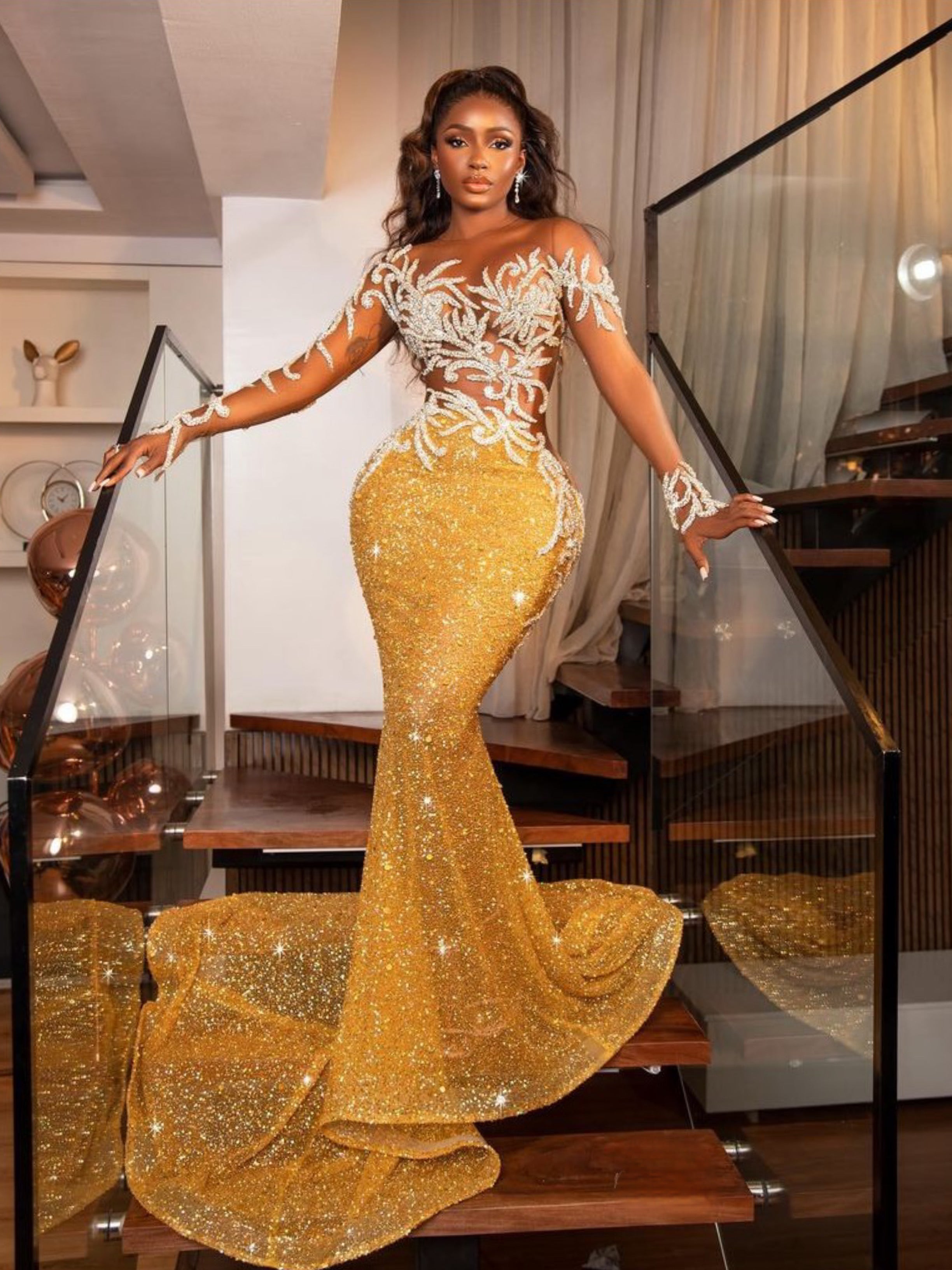 Gold Mesh Flower Strass Gala Dress