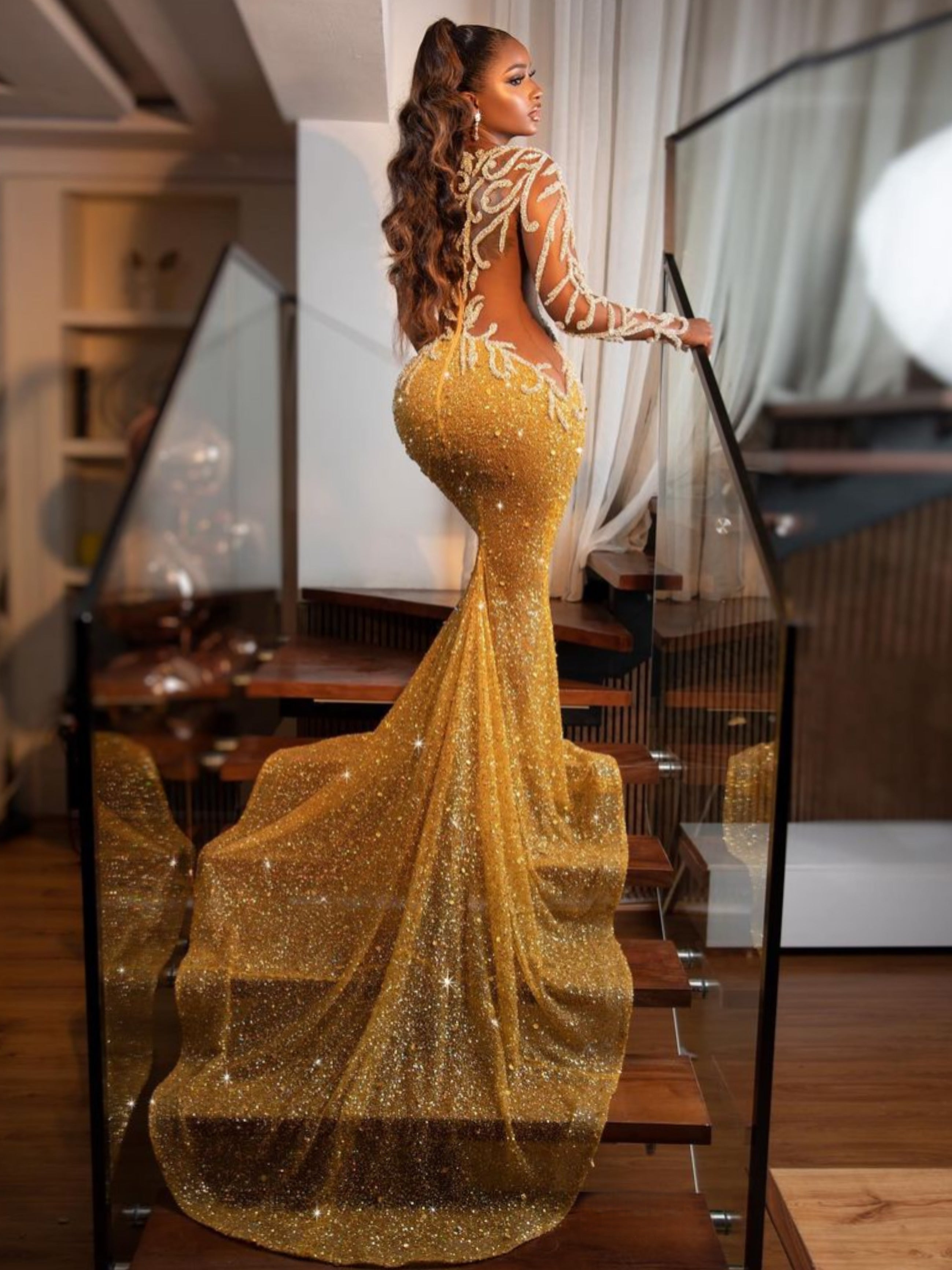 Gold Mesh Flower Strass Gala Dress